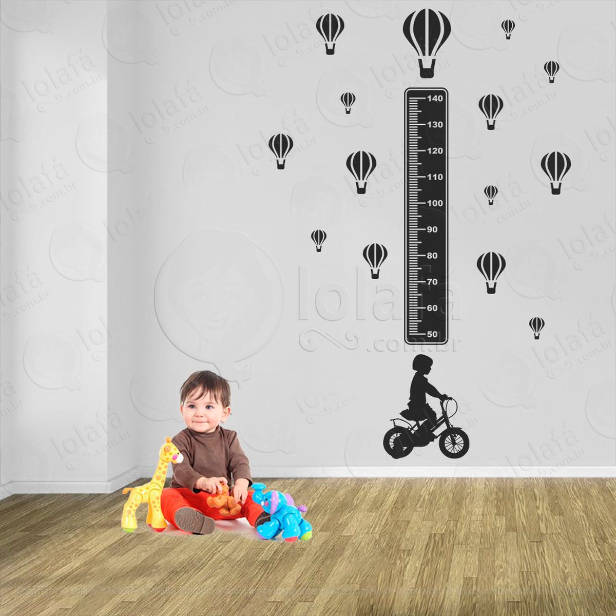 bicicleta e balões adesivo régua de crescimento infantil, medidor de altura para quarto, porta e parede - mod:1332