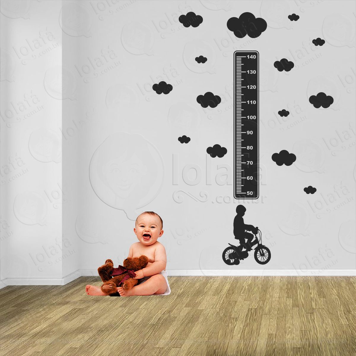 bicicleta e nuvens adesivo régua de crescimento infantil, medidor de altura para quarto, porta e parede - mod:1333