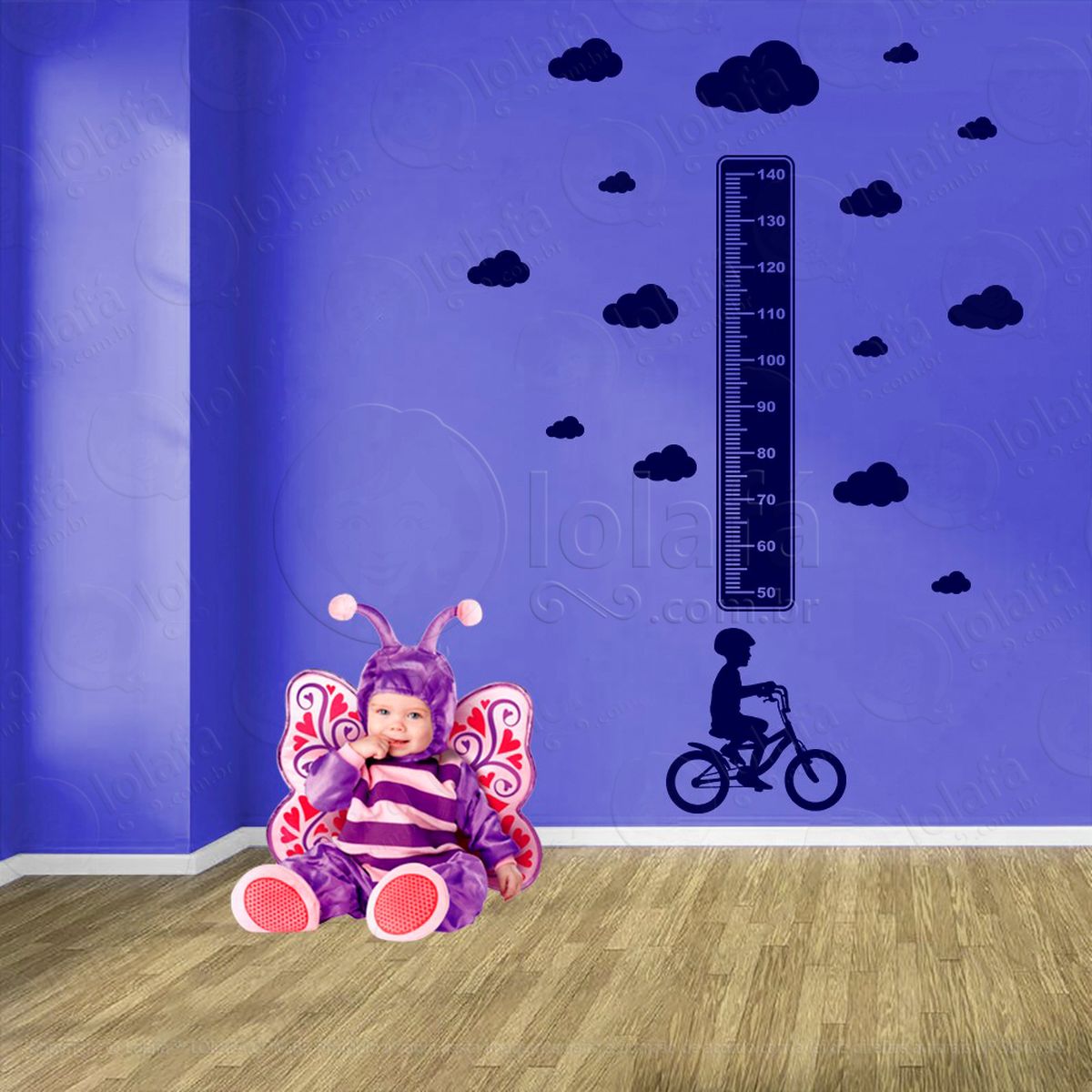 bicicleta e nuvens adesivo régua de crescimento infantil, medidor de altura para quarto, porta e parede - mod:1335