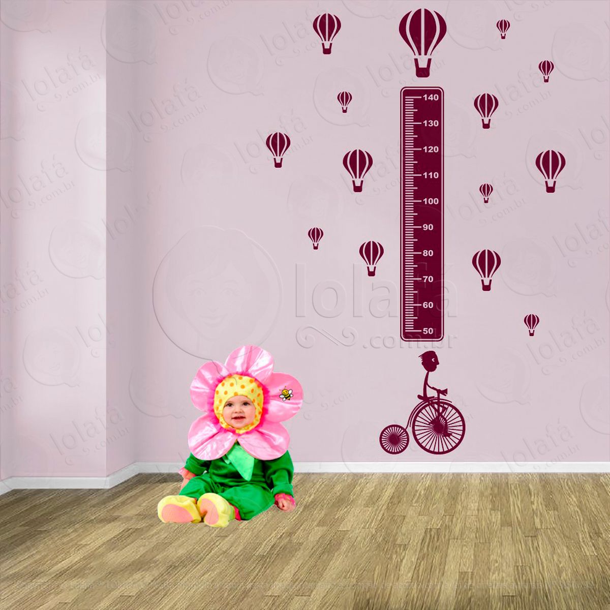 bicicleta e balões adesivo régua de crescimento infantil, medidor de altura para quarto, porta e parede - mod:1336
