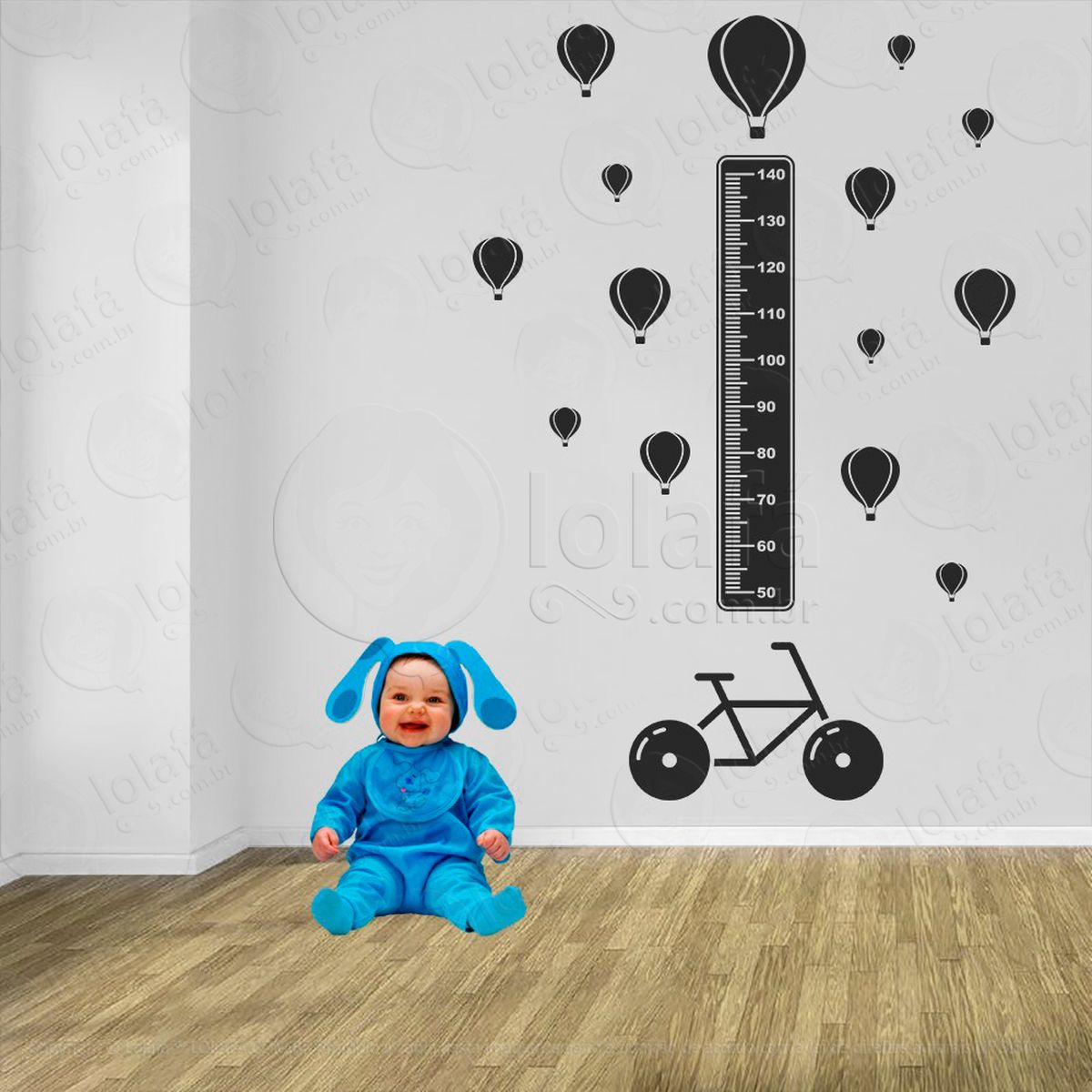 bicicleta e balões adesivo régua de crescimento infantil, medidor de altura para quarto, porta e parede - mod:1340