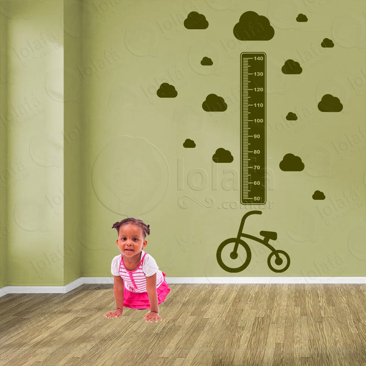 bicicleta e nuvens adesivo régua de crescimento infantil, medidor de altura para quarto, porta e parede - mod:1341