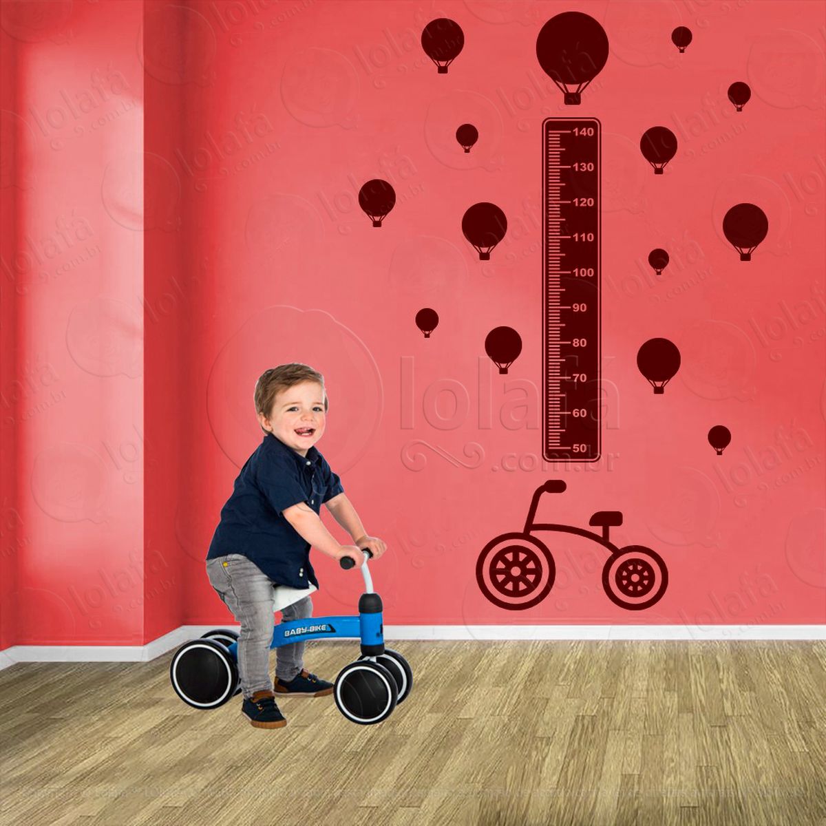bicicleta e balões adesivo régua de crescimento infantil, medidor de altura para quarto, porta e parede - mod:1342