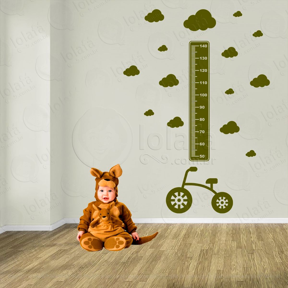 bicicleta e nuvens adesivo régua de crescimento infantil, medidor de altura para quarto, porta e parede - mod:1343
