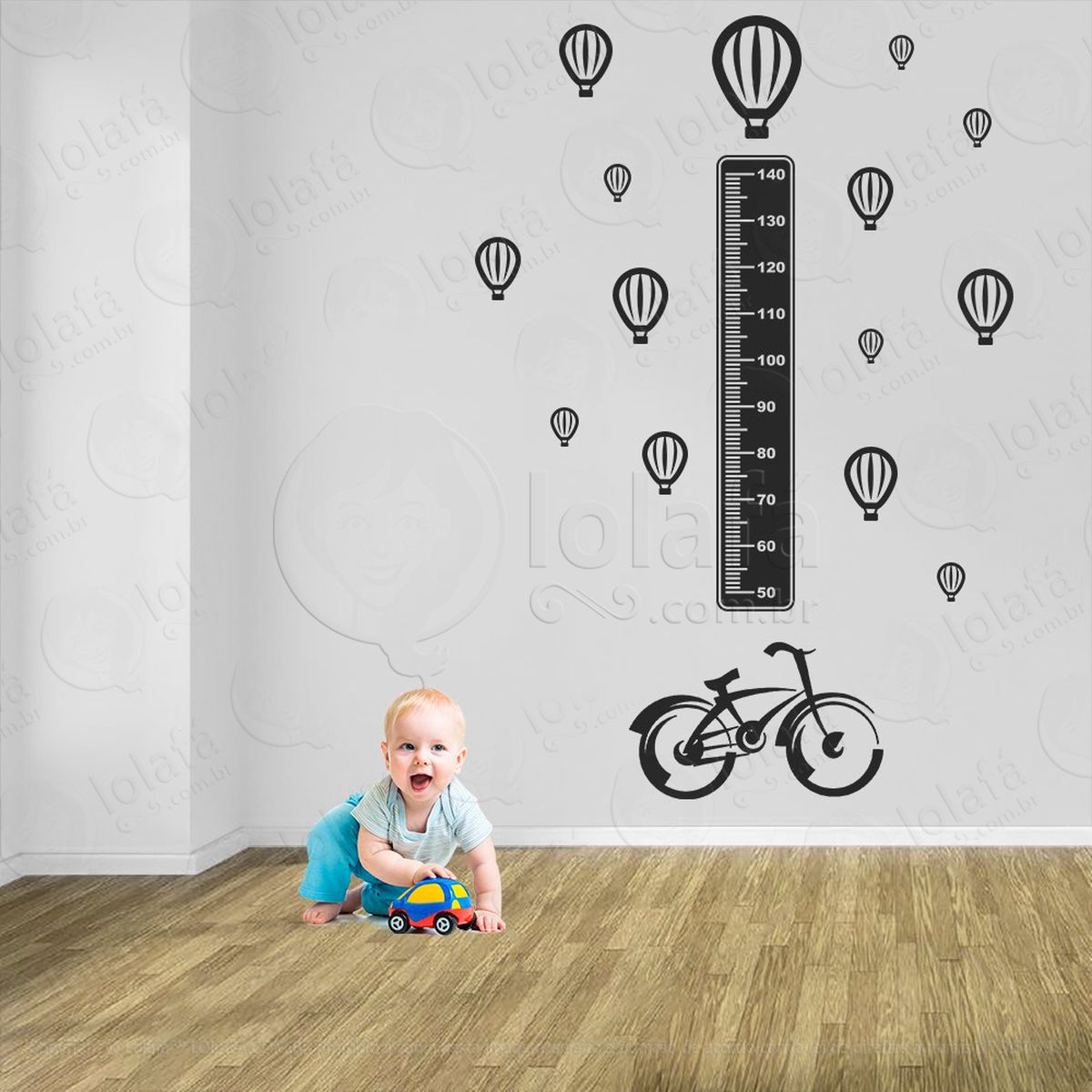 bicicleta e balões adesivo régua de crescimento infantil, medidor de altura para quarto, porta e parede - mod:1344