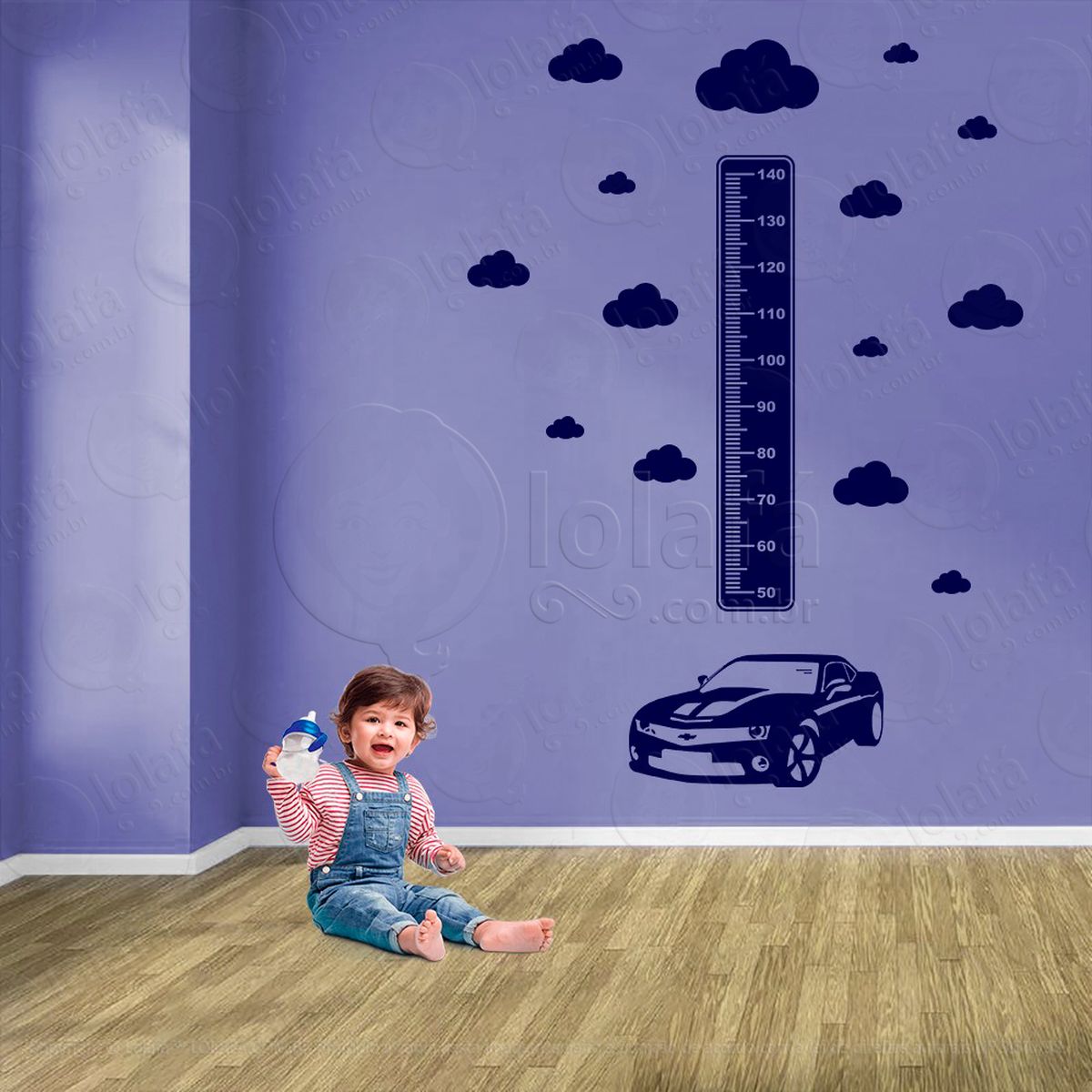 carro e nuvens adesivo régua de crescimento infantil, medidor de altura para quarto, porta e parede - mod:1345