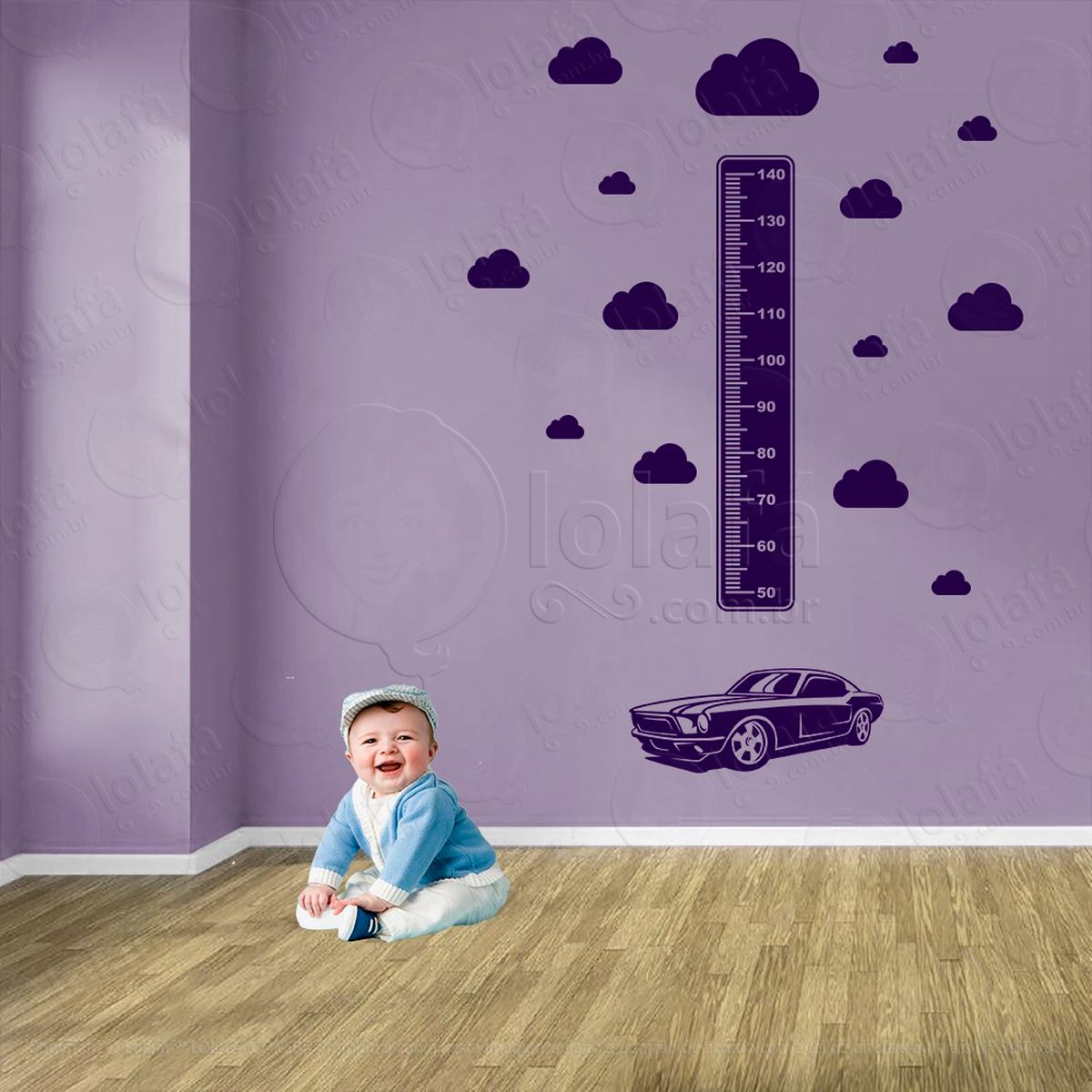 carro e nuvens adesivo régua de crescimento infantil, medidor de altura para quarto, porta e parede - mod:1348