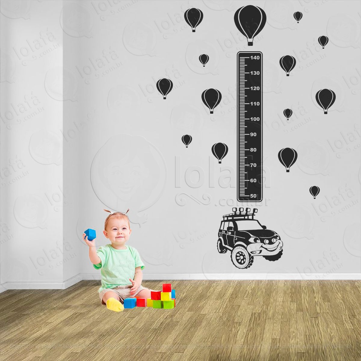 carro e balões adesivo régua de crescimento infantil, medidor de altura para quarto, porta e parede - mod:1350
