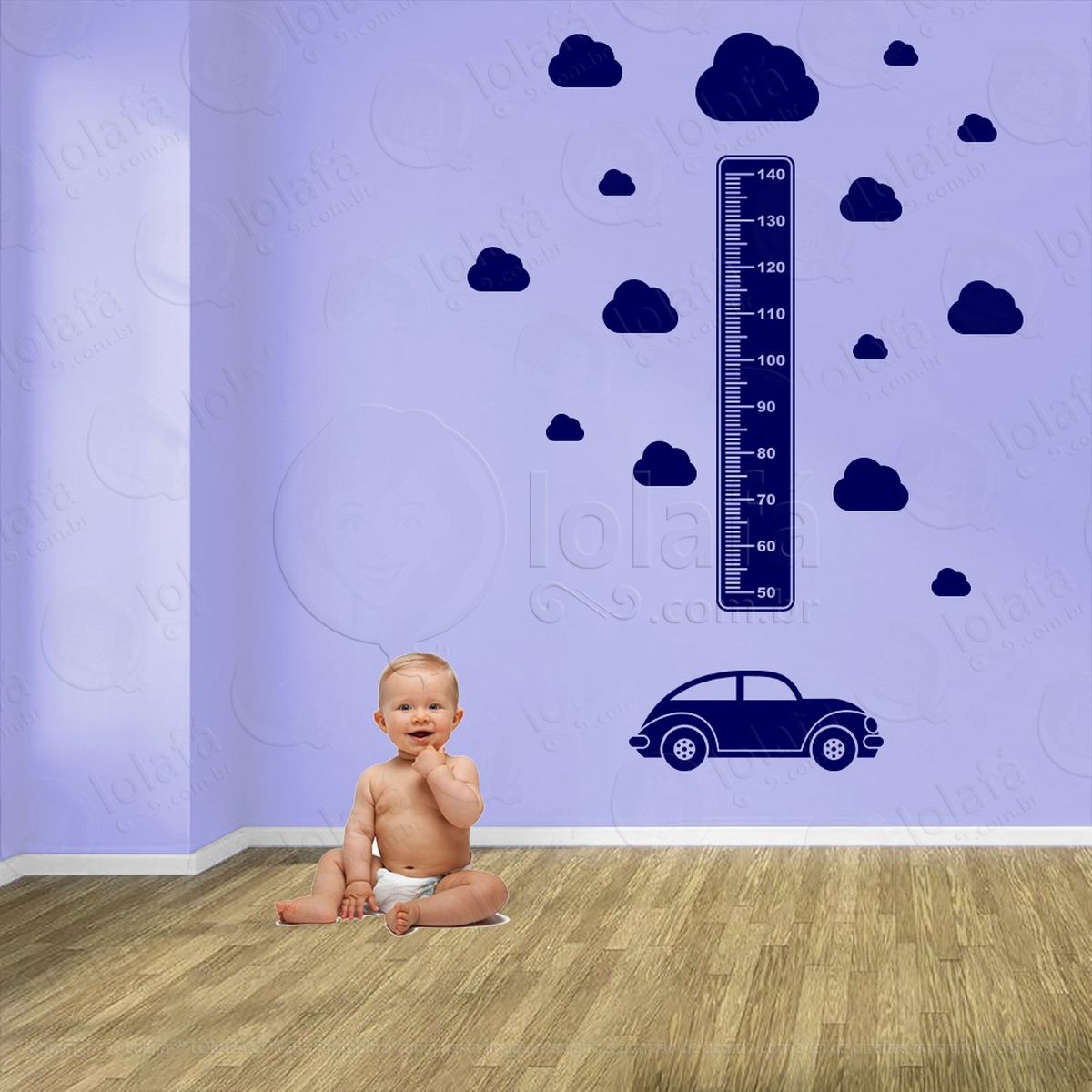 carro e nuvens adesivo régua de crescimento infantil, medidor de altura para quarto, porta e parede - mod:1351