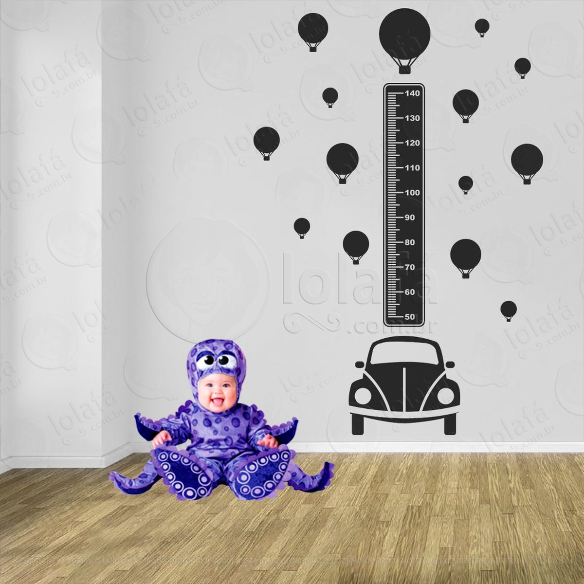carro e balões adesivo régua de crescimento infantil, medidor de altura para quarto, porta e parede - mod:1353