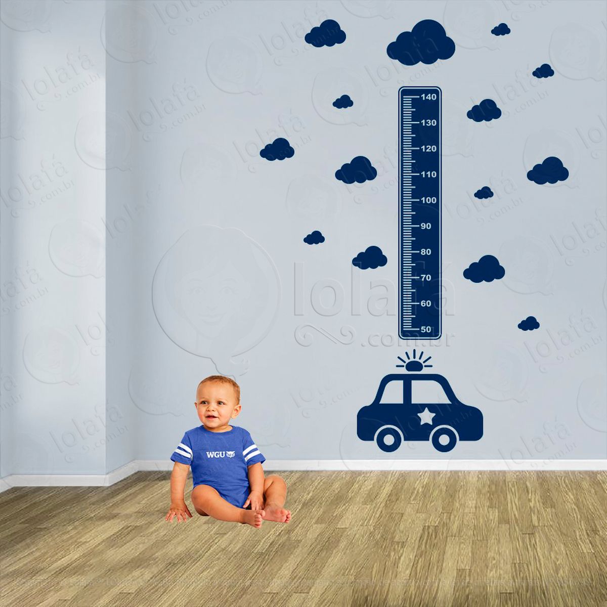 carro e nuvens adesivo régua de crescimento infantil, medidor de altura para quarto, porta e parede - mod:1354