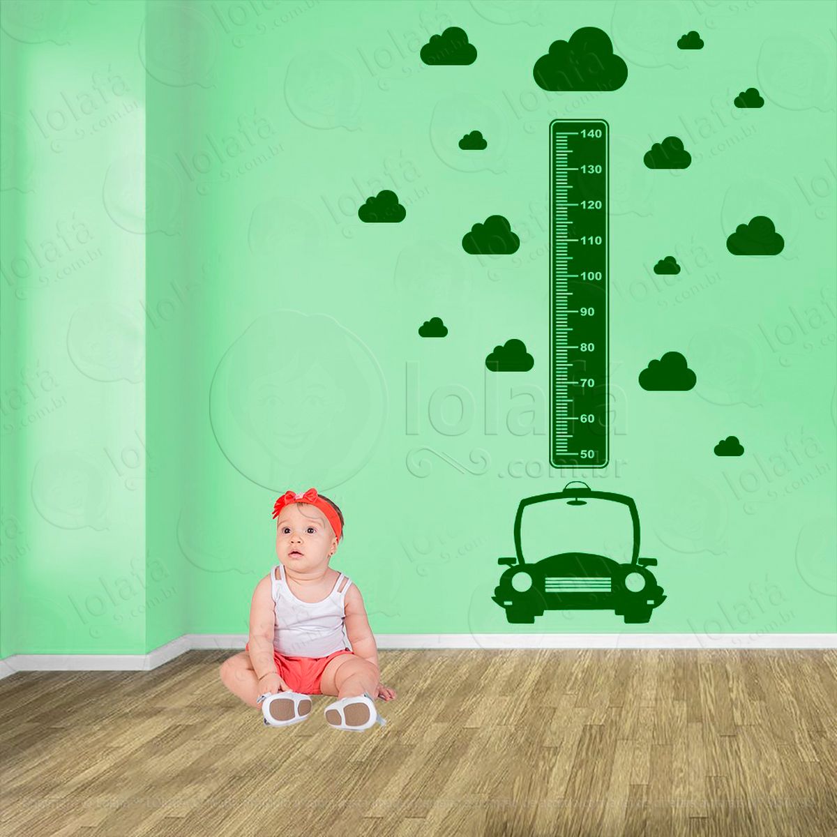 carro e nuvens adesivo régua de crescimento infantil, medidor de altura para quarto, porta e parede - mod:1357