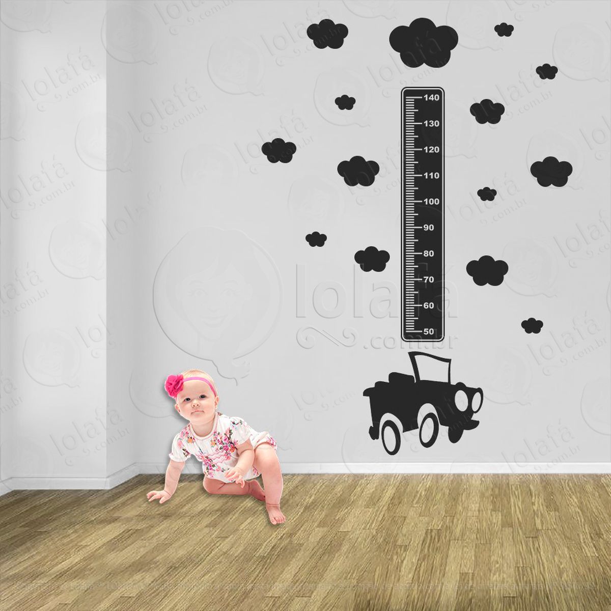 carro e nuvens adesivo régua de crescimento infantil, medidor de altura para quarto, porta e parede - mod:1360
