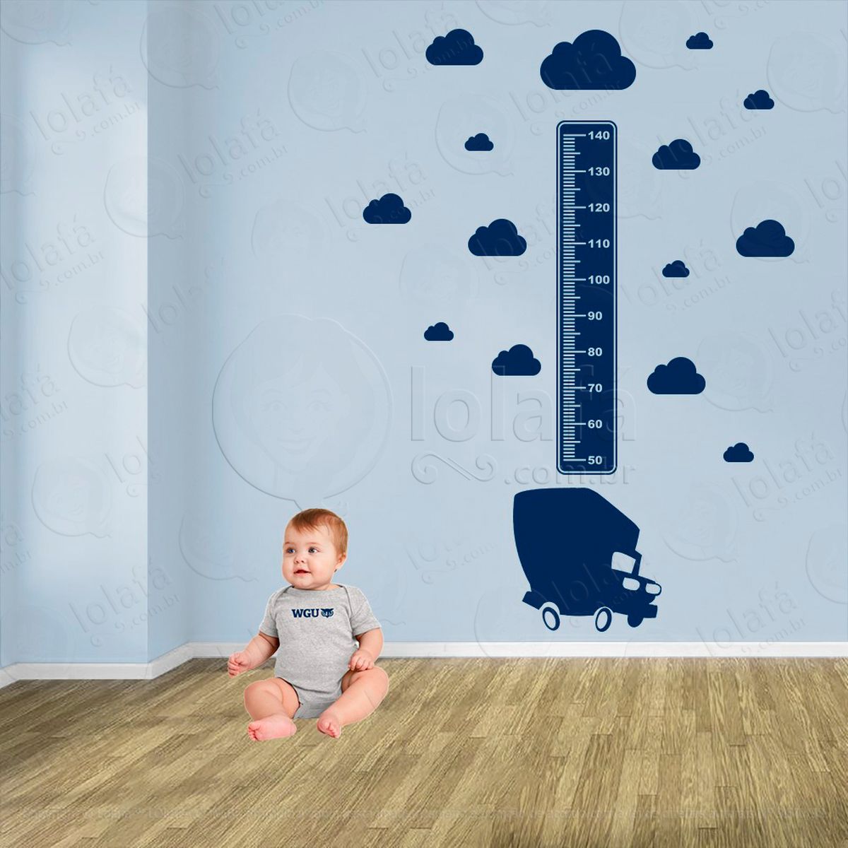 caminhão e nuvens adesivo régua de crescimento infantil, medidor de altura para quarto, porta e parede - mod:1361
