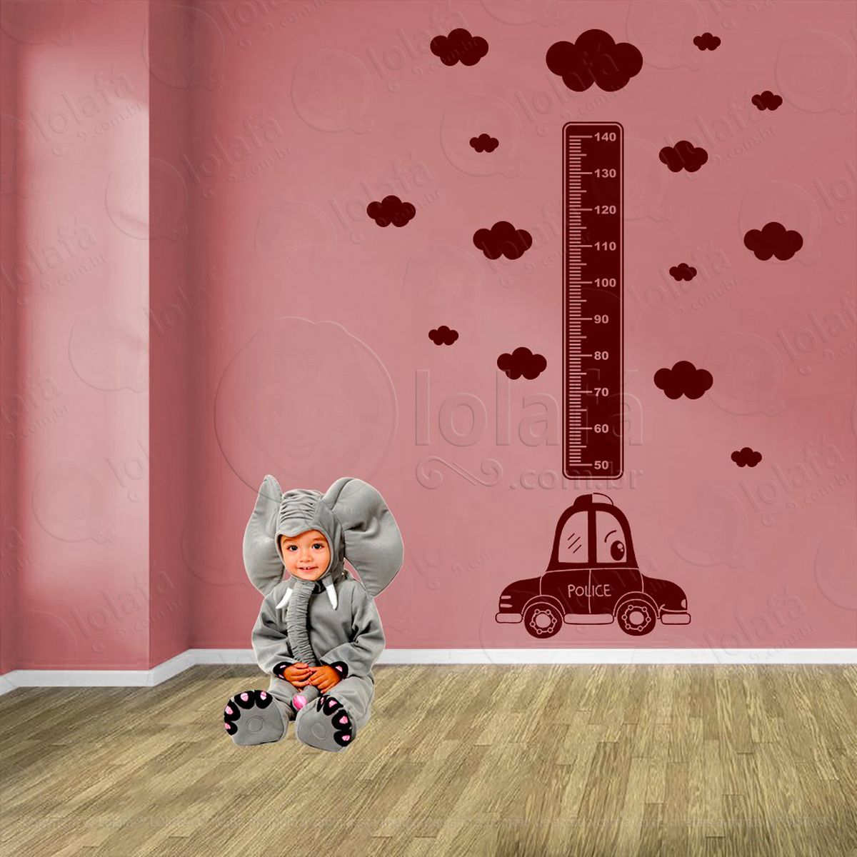 carro e nuvens adesivo régua de crescimento infantil, medidor de altura para quarto, porta e parede - mod:1364