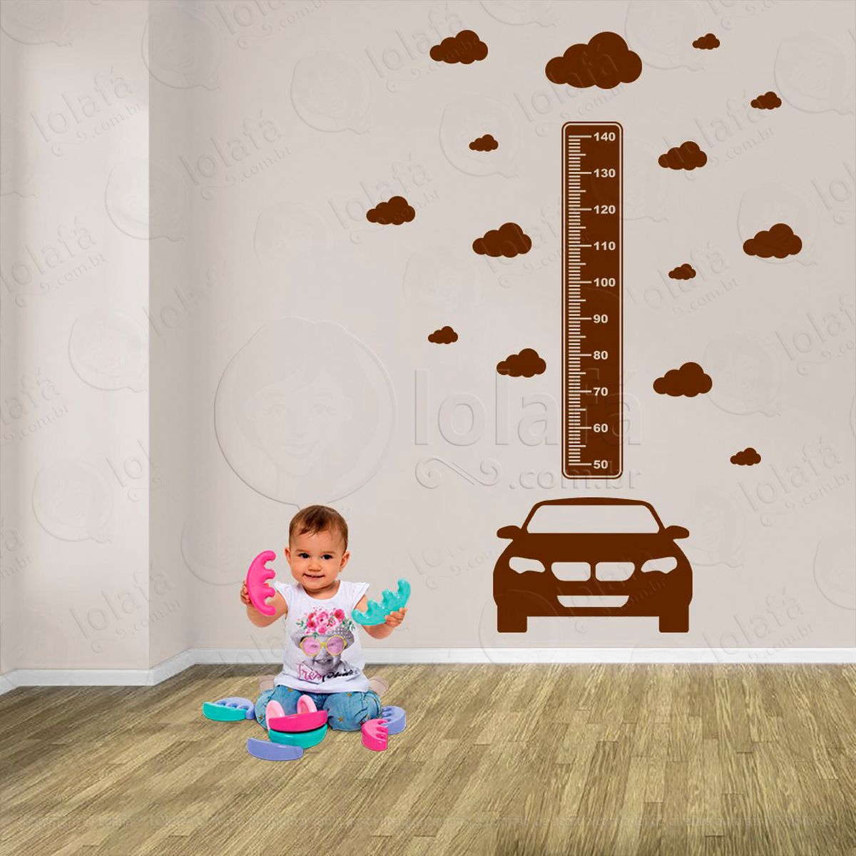 carro e nuvens adesivo régua de crescimento infantil, medidor de altura para quarto, porta e parede - mod:1367