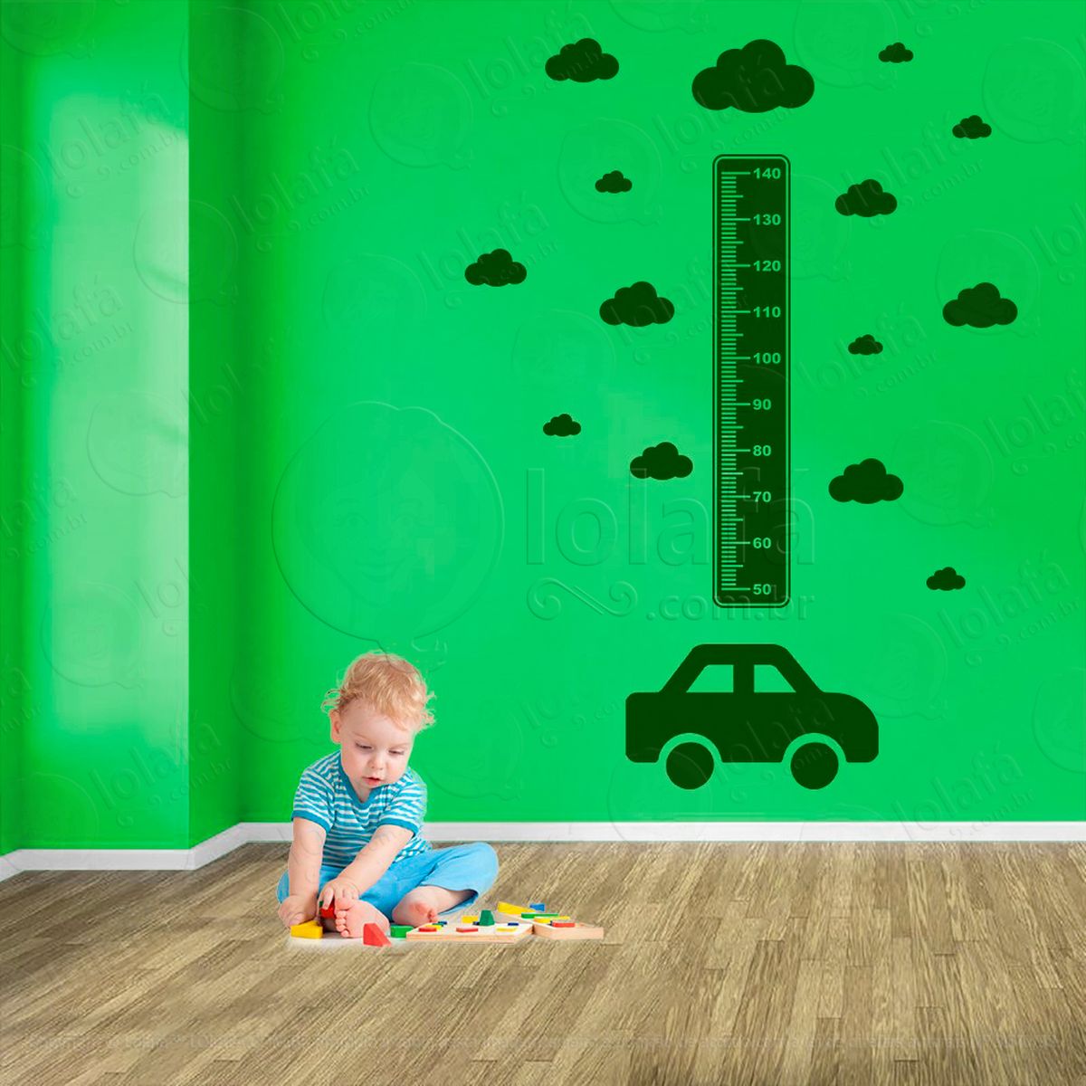 carro e nuvens adesivo régua de crescimento infantil, medidor de altura para quarto, porta e parede - mod:1369