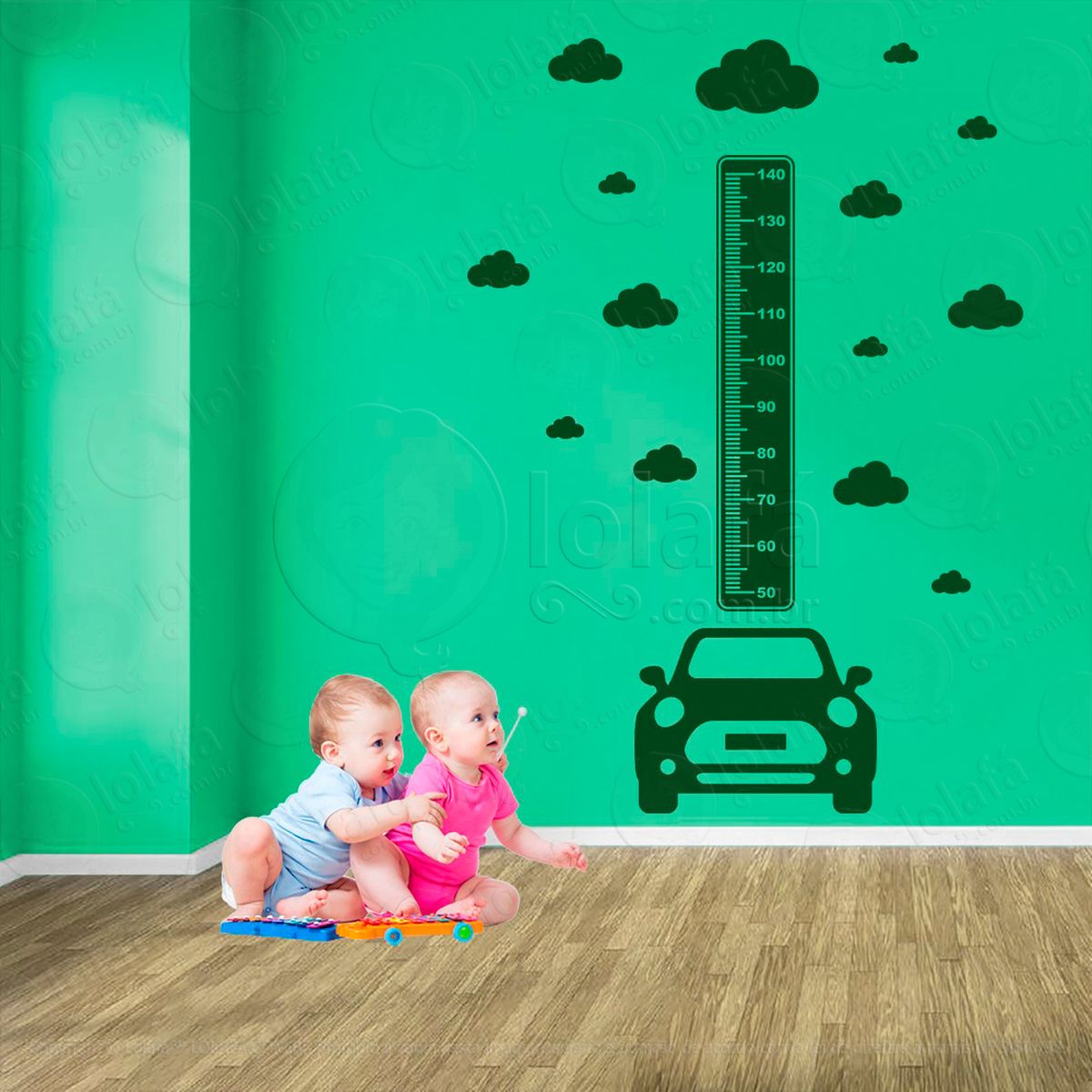 carro e nuvens adesivo régua de crescimento infantil, medidor de altura para quarto, porta e parede - mod:1375