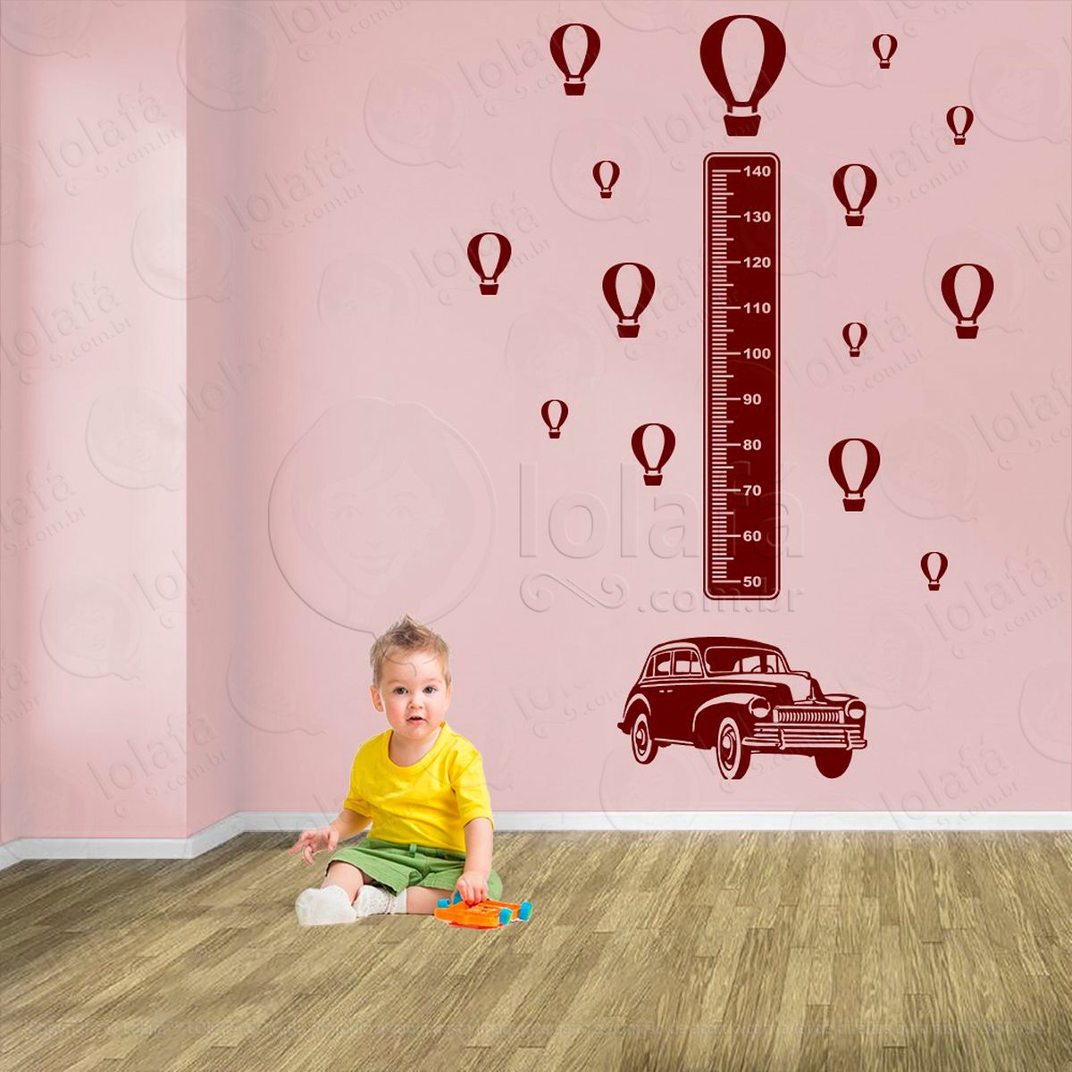 carro e balões adesivo régua de crescimento infantil, medidor de altura para quarto, porta e parede - mod:1377