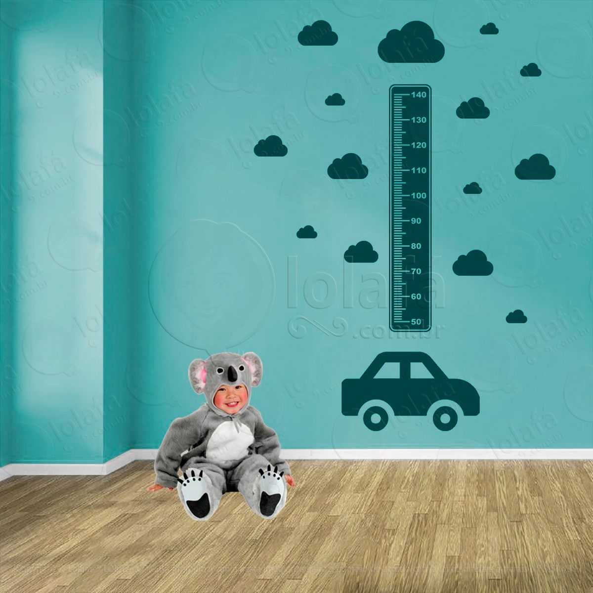 carro e nuvens adesivo régua de crescimento infantil, medidor de altura para quarto, porta e parede - mod:1378