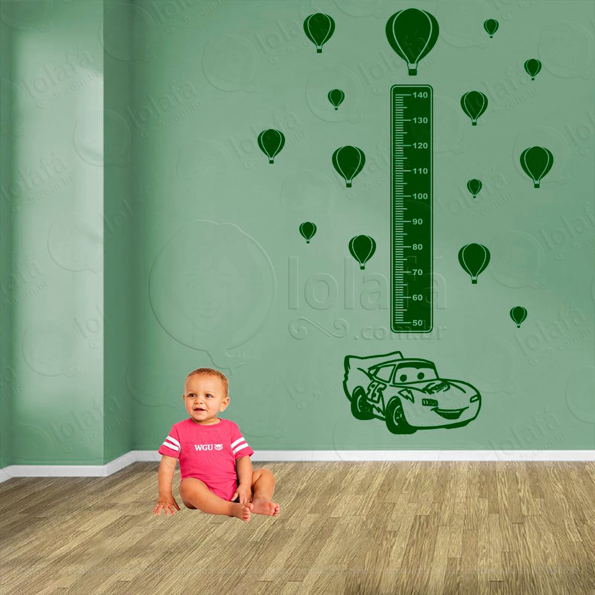carro e balões adesivo régua de crescimento infantil, medidor de altura para quarto, porta e parede - mod:1380