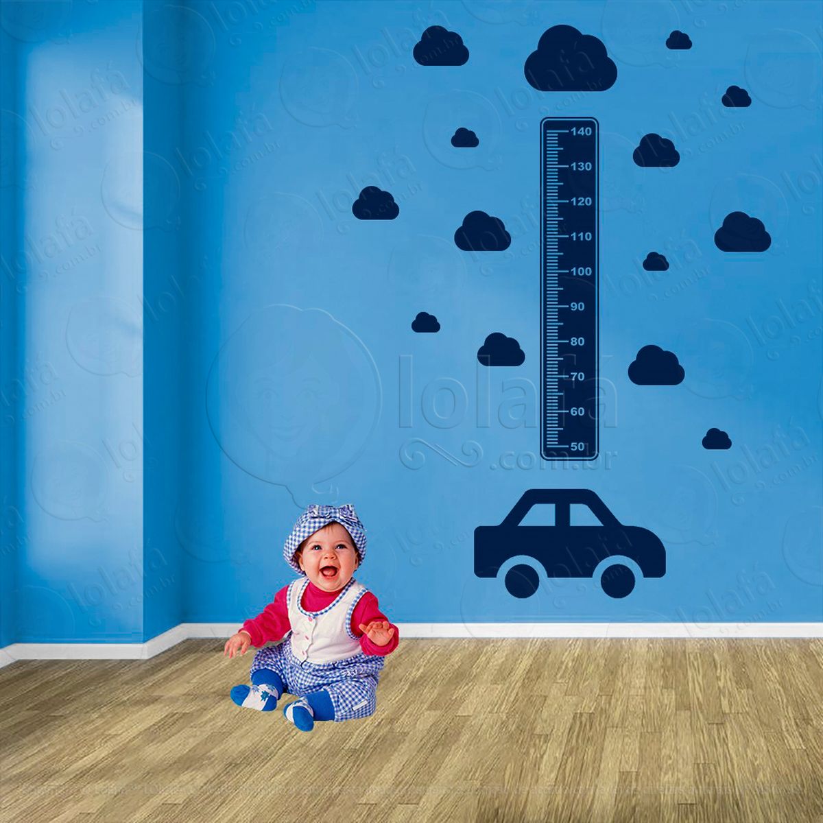 carro e nuvens adesivo régua de crescimento infantil, medidor de altura para quarto, porta e parede - mod:1381