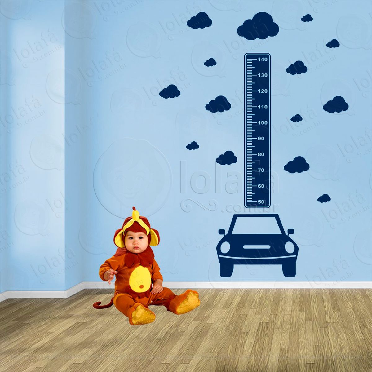carro e nuvens adesivo régua de crescimento infantil, medidor de altura para quarto, porta e parede - mod:1386
