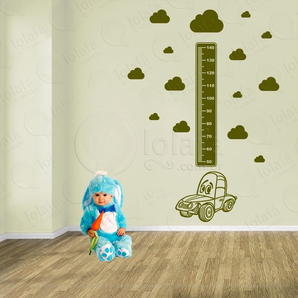 carro e nuvens adesivo régua de crescimento infantil, medidor de altura para quarto, porta e parede - mod:1389