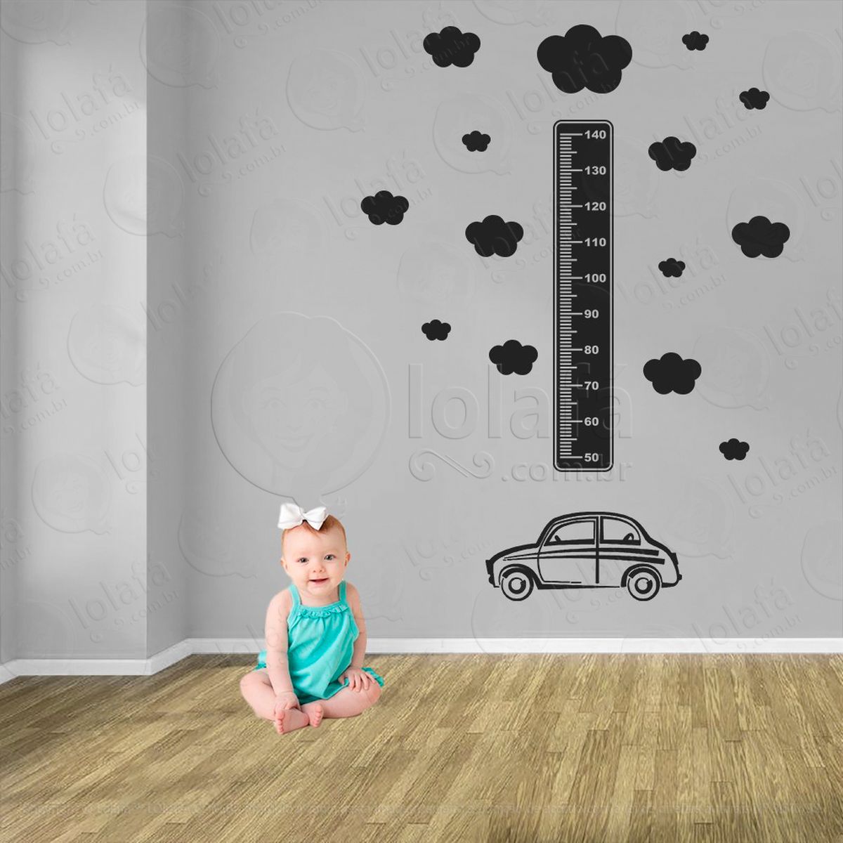 carro e nuvens adesivo régua de crescimento infantil, medidor de altura para quarto, porta e parede - mod:1392