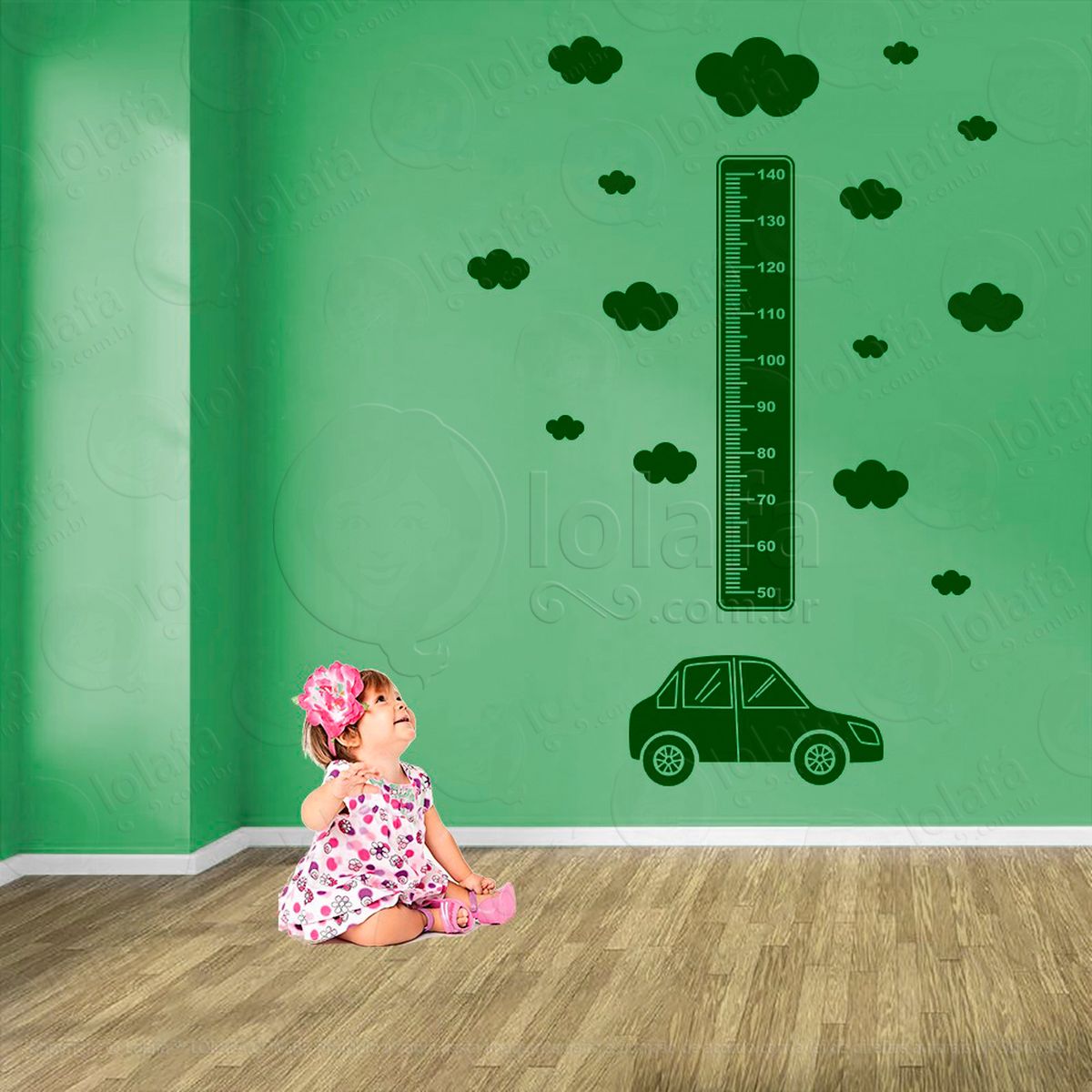 carro e nuvens adesivo régua de crescimento infantil, medidor de altura para quarto, porta e parede - mod:1395