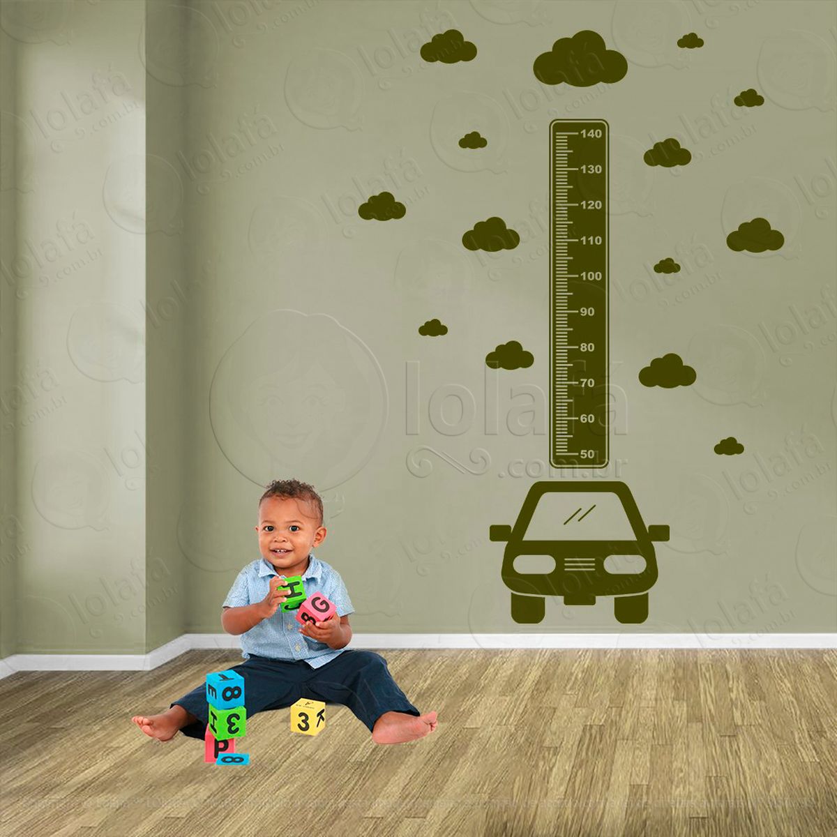 carro e nuvens adesivo régua de crescimento infantil, medidor de altura para quarto, porta e parede - mod:1400