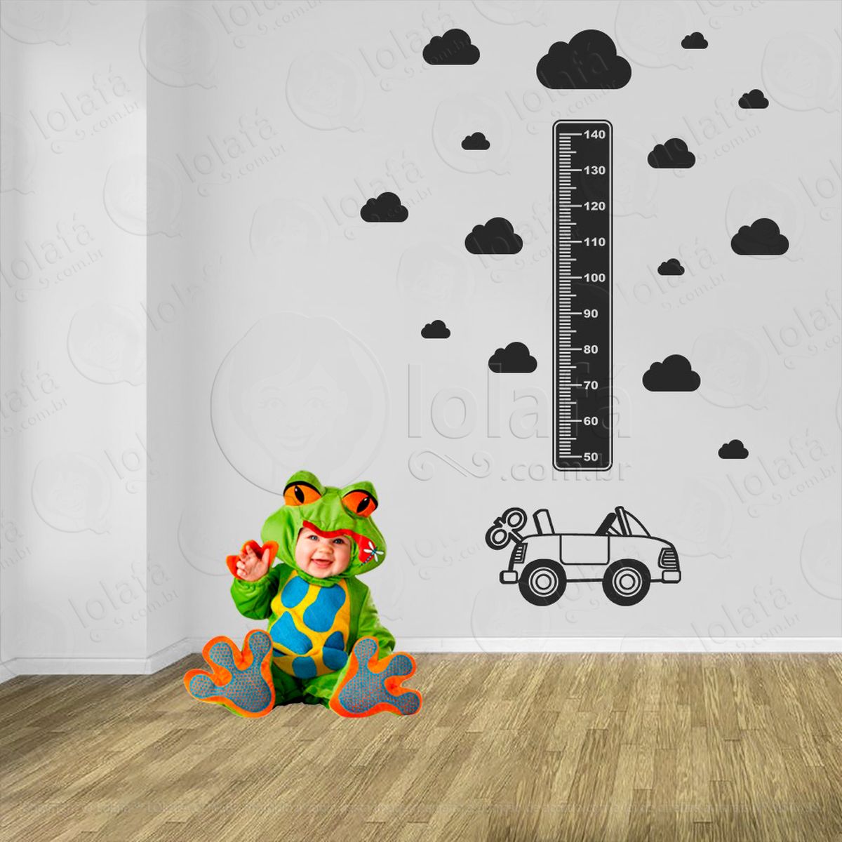 carro e nuvens adesivo régua de crescimento infantil, medidor de altura para quarto, porta e parede - mod:1403
