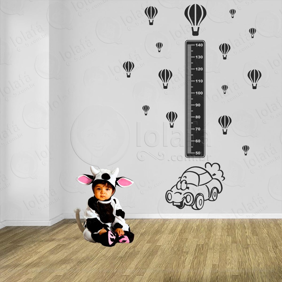 carro e balões adesivo régua de crescimento infantil, medidor de altura para quarto, porta e parede - mod:1406
