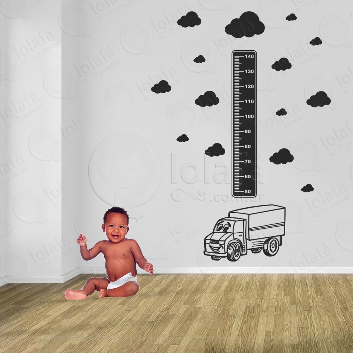 caminhão e nuvens adesivo régua de crescimento infantil, medidor de altura para quarto, porta e parede - mod:1407
