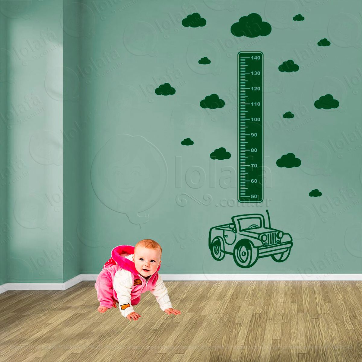 carro e nuvens adesivo régua de crescimento infantil, medidor de altura para quarto, porta e parede - mod:1408