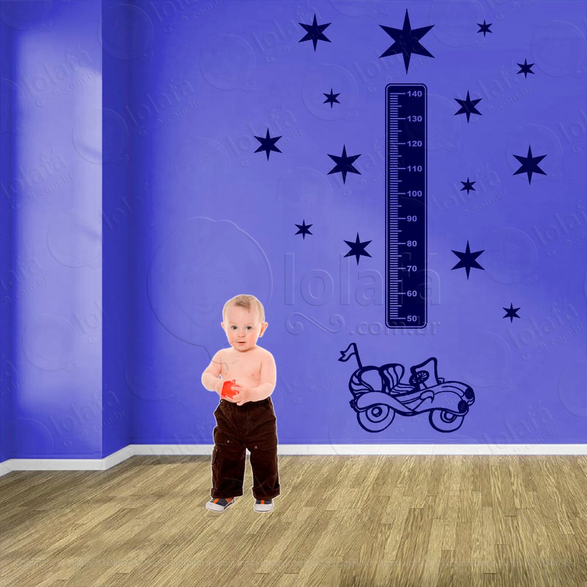 carro e estrelas adesivo régua de crescimento infantil, medidor de altura para quarto, porta e parede - mod:1409