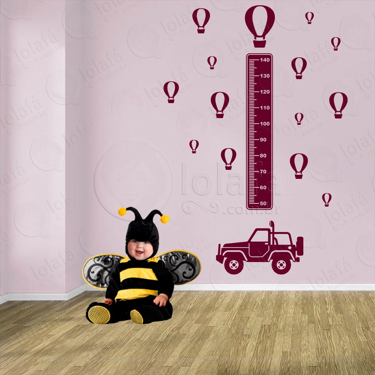 carro e balões adesivo régua de crescimento infantil, medidor de altura para quarto, porta e parede - mod:1410