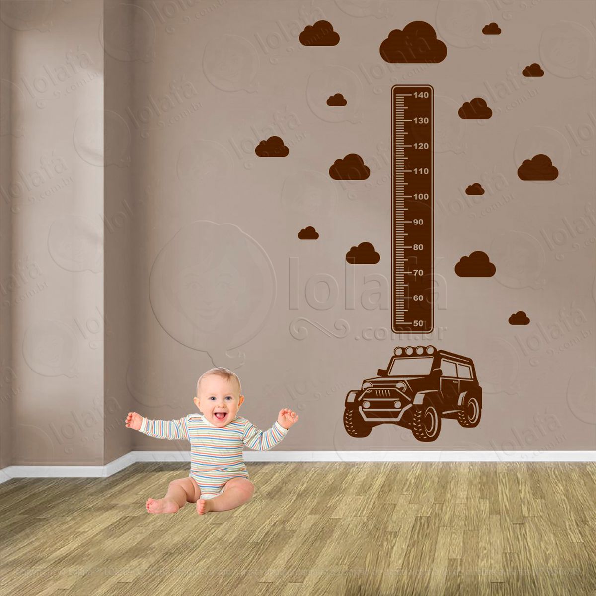 carro e nuvens adesivo régua de crescimento infantil, medidor de altura para quarto, porta e parede - mod:1411