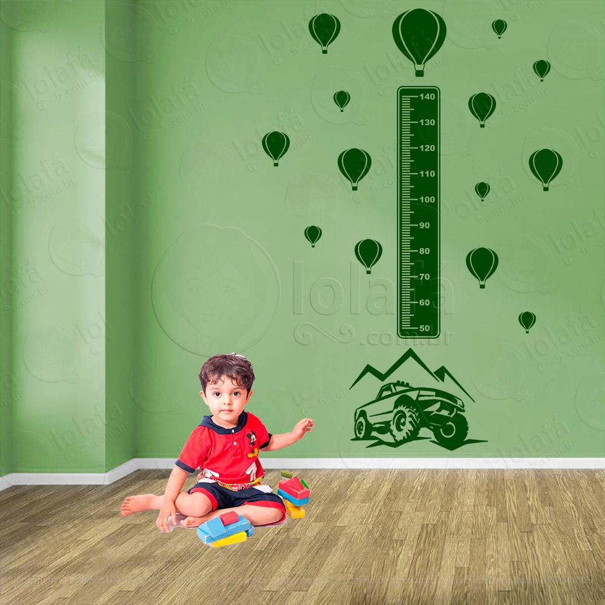 carro e balões adesivo régua de crescimento infantil, medidor de altura para quarto, porta e parede - mod:1413