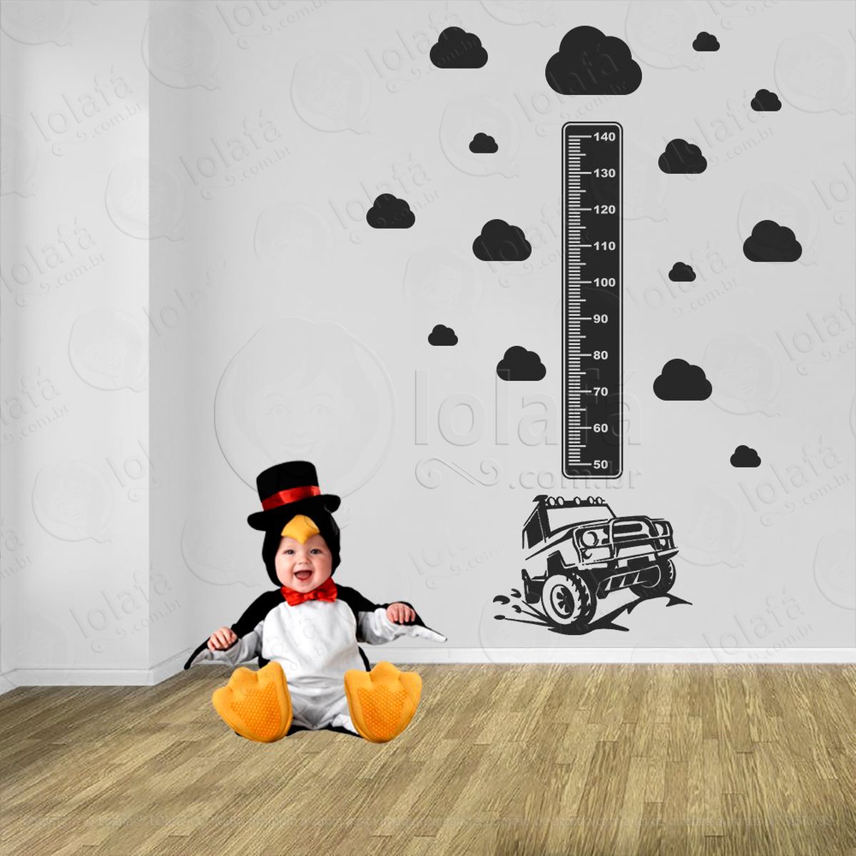 carro e nuvens adesivo régua de crescimento infantil, medidor de altura para quarto, porta e parede - mod:1414