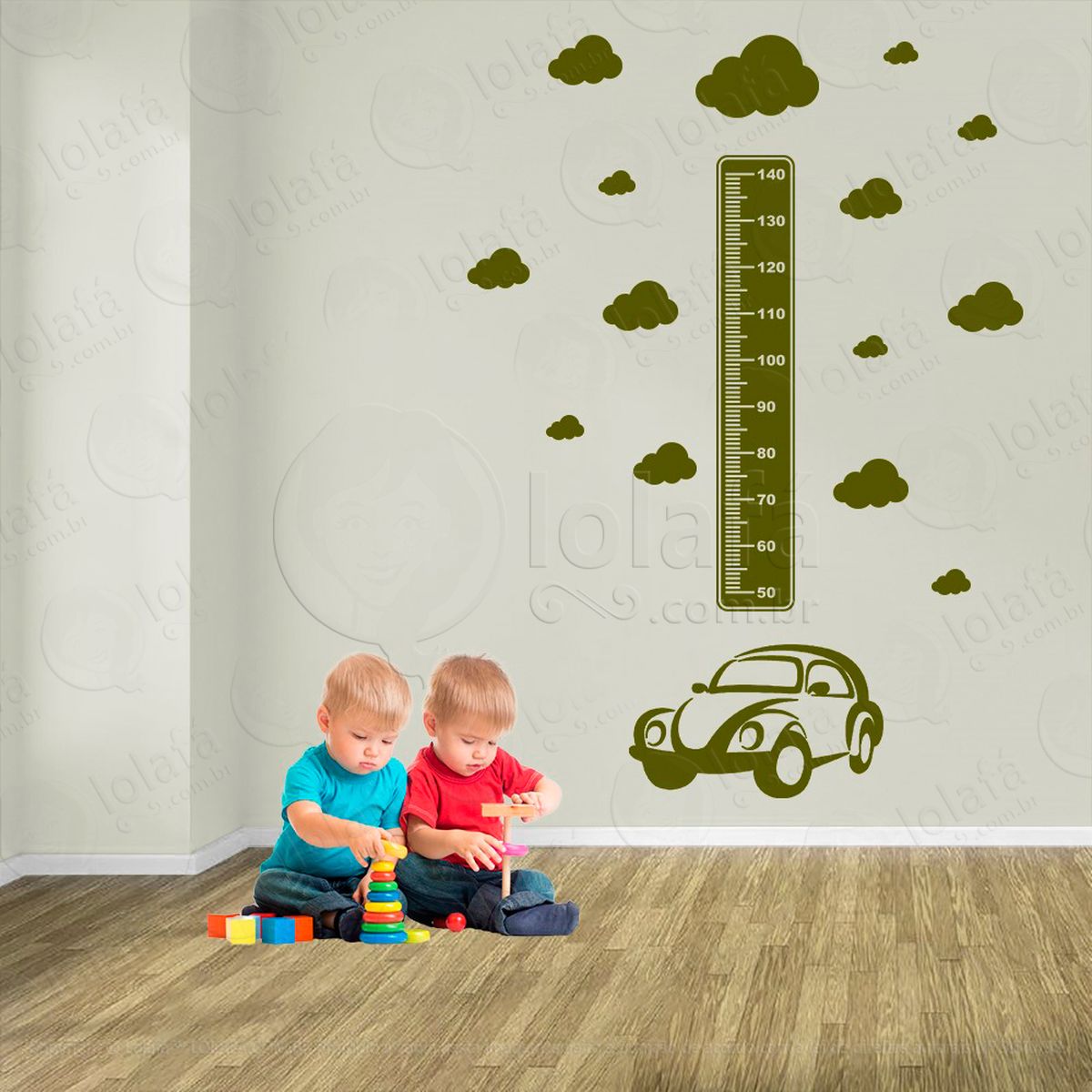 carro e nuvens adesivo régua de crescimento infantil, medidor de altura para quarto, porta e parede - mod:1417