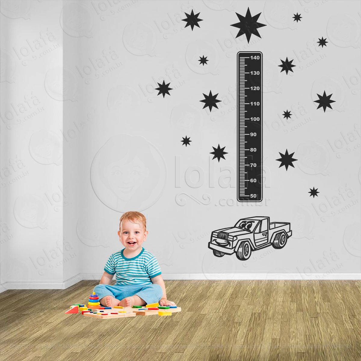 carro e estrelas adesivo régua de crescimento infantil, medidor de altura para quarto, porta e parede - mod:1418