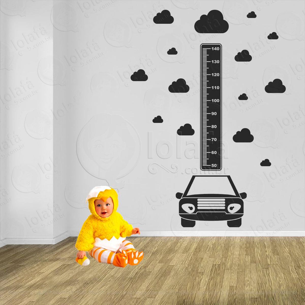 carro e nuvens adesivo régua de crescimento infantil, medidor de altura para quarto, porta e parede - mod:1420