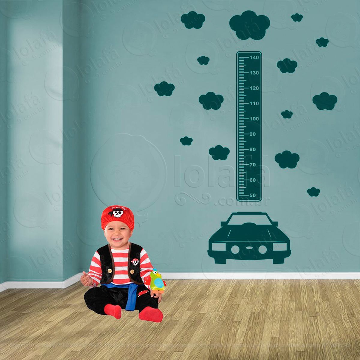 carro e nuvens adesivo régua de crescimento infantil, medidor de altura para quarto, porta e parede - mod:1423