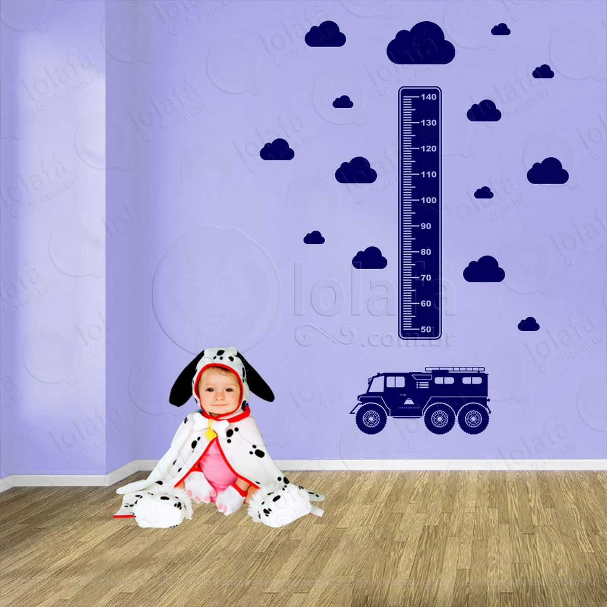 caminhão de bombeiro e nuvens adesivo régua de crescimento infantil, medidor de altura para quarto, porta e parede - mod:1425