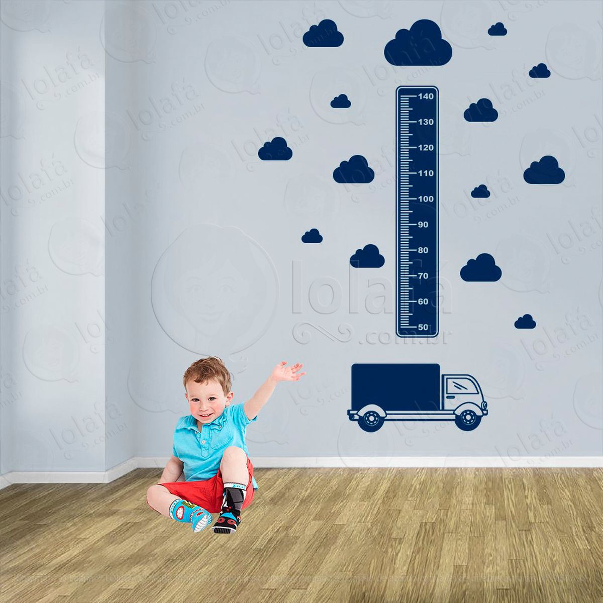 caminhão e nuvens adesivo régua de crescimento infantil, medidor de altura para quarto, porta e parede - mod:1428
