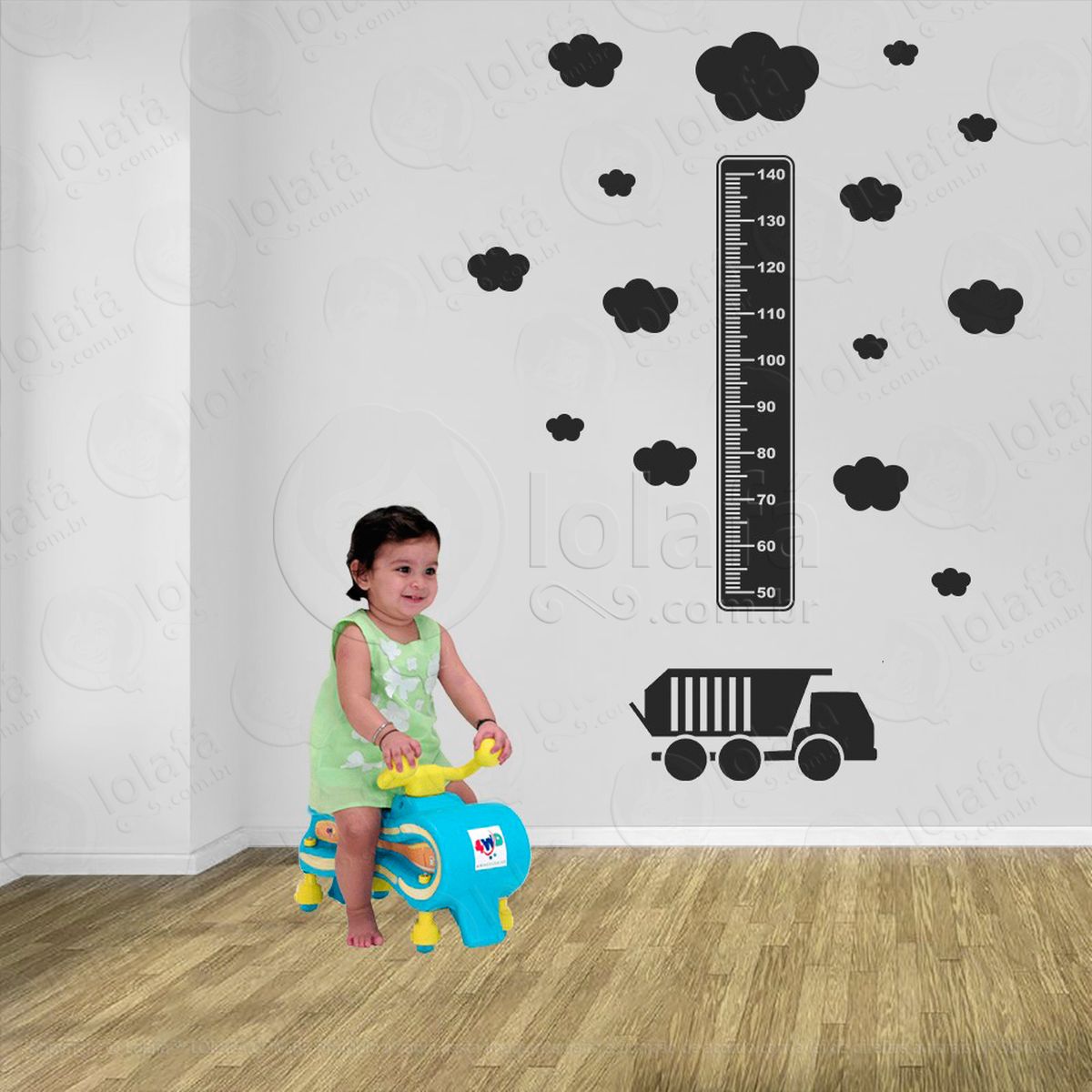 caminhão e nuvens adesivo régua de crescimento infantil, medidor de altura para quarto, porta e parede - mod:1429