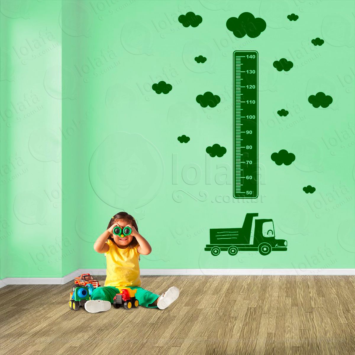 caminhão e nuvens adesivo régua de crescimento infantil, medidor de altura para quarto, porta e parede - mod:1431