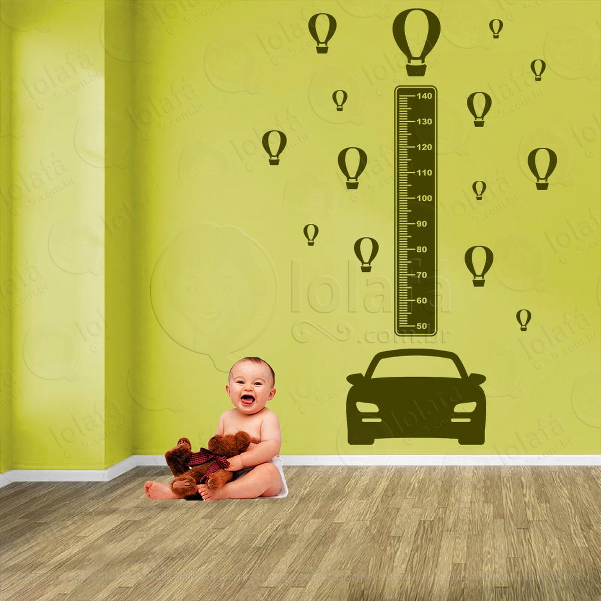 carro e balões adesivo régua de crescimento infantil, medidor de altura para quarto, porta e parede - mod:1433
