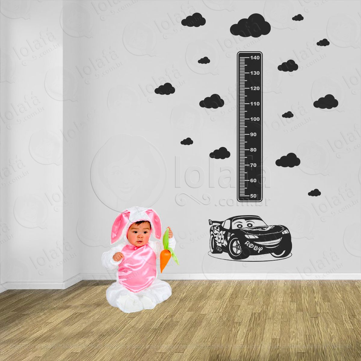 carro e nuvens adesivo régua de crescimento infantil, medidor de altura para quarto, porta e parede - mod:1434